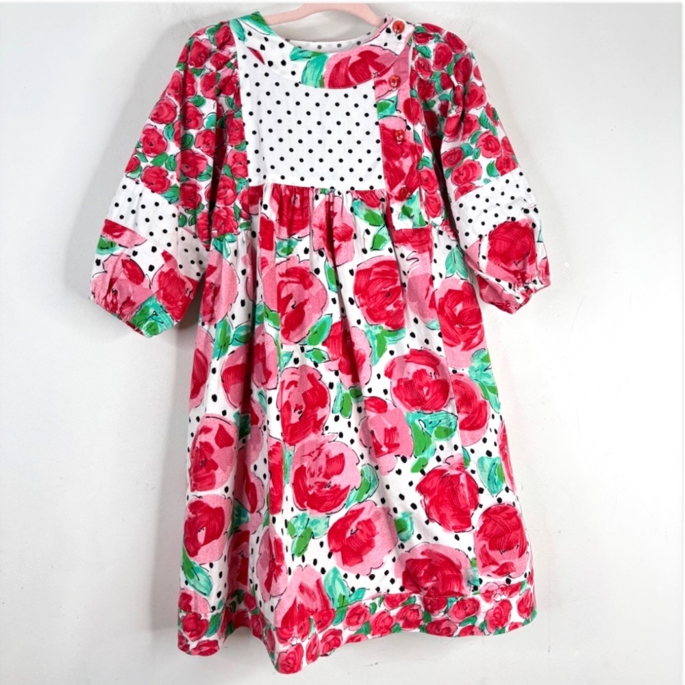 VTG 90s Mousefeathers Dress 6 Pink Floral Polka Dot Cottage Puff Sleeve Retro